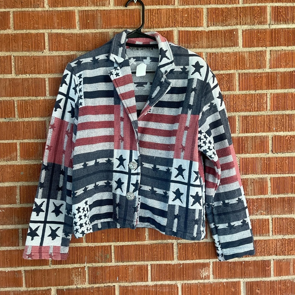 90s / 2000s New Identity red white and blue Americana blanket / quilt jacket